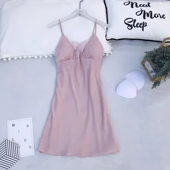 

Sexy Sleep Dress Satin Spaghetti Strap Nightdress Women Bridal Wedding Gift Silky Homewear Intimate Lingerie Lace Home Clothes