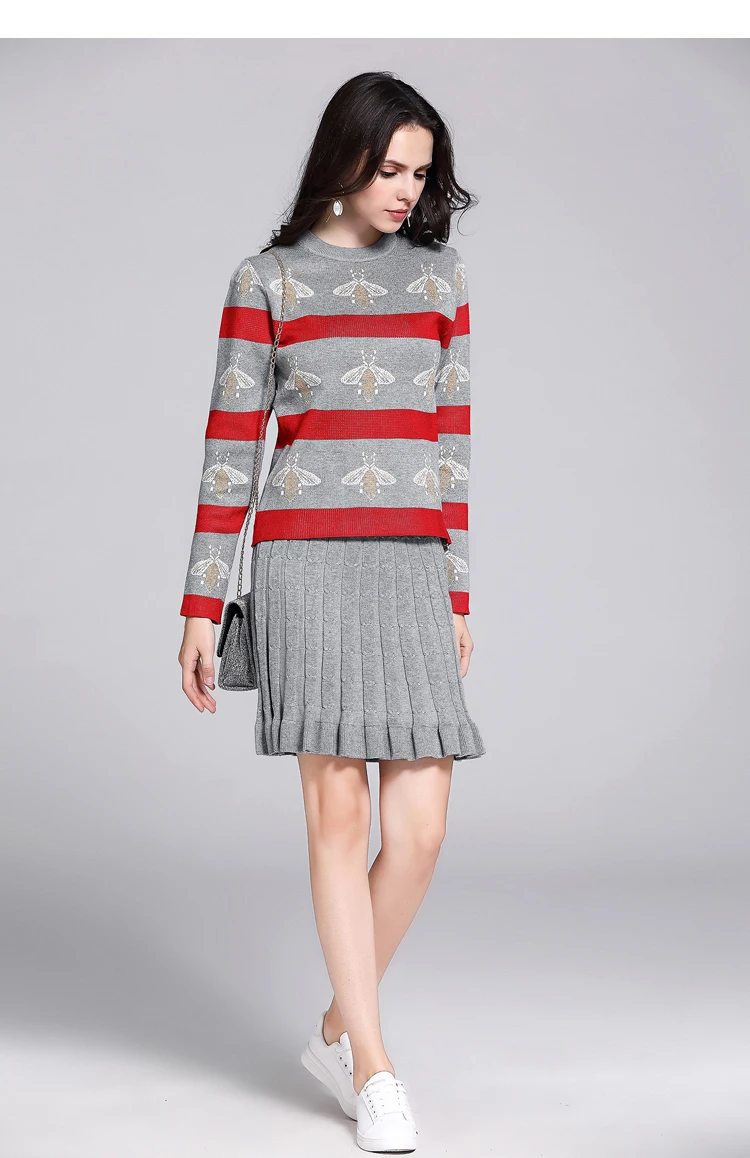 Осенне-зимний женский полосатый свитер с вышивкой + юбка Женский комплект 2 шт. с круглым вырезом и длинными рукавами, Трикотажные Пуловеры
