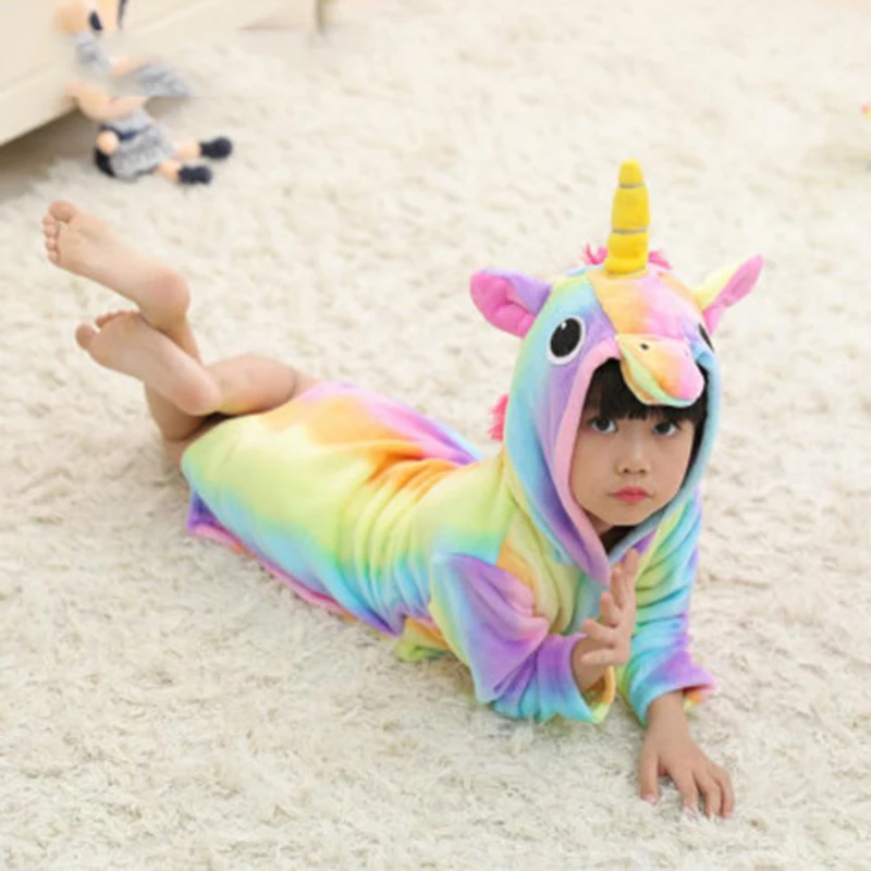 Зимняя детская пижама с единорогом; детский банный халат с капюшоном и изображением животных; одежда для сна для мальчиков; детский халат; детская ночная рубашка; Прямая поставка - Color: Rainbow unicorn