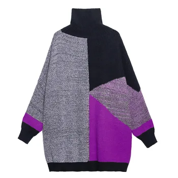 

Winter Women Oversize Color Block Turtleneck Sweater Knitted Pullovers Female Street Thicken Plus Size Bat Sleeve Sweaters 8009