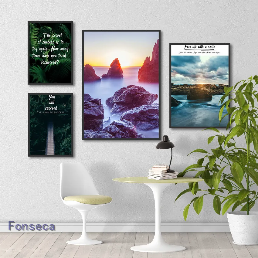 Fresh Leaf Sunrise Mountain Poster Believe Self Letter Canvas Painting Wall Art Picture For Cafe Room Scandinavo Decor