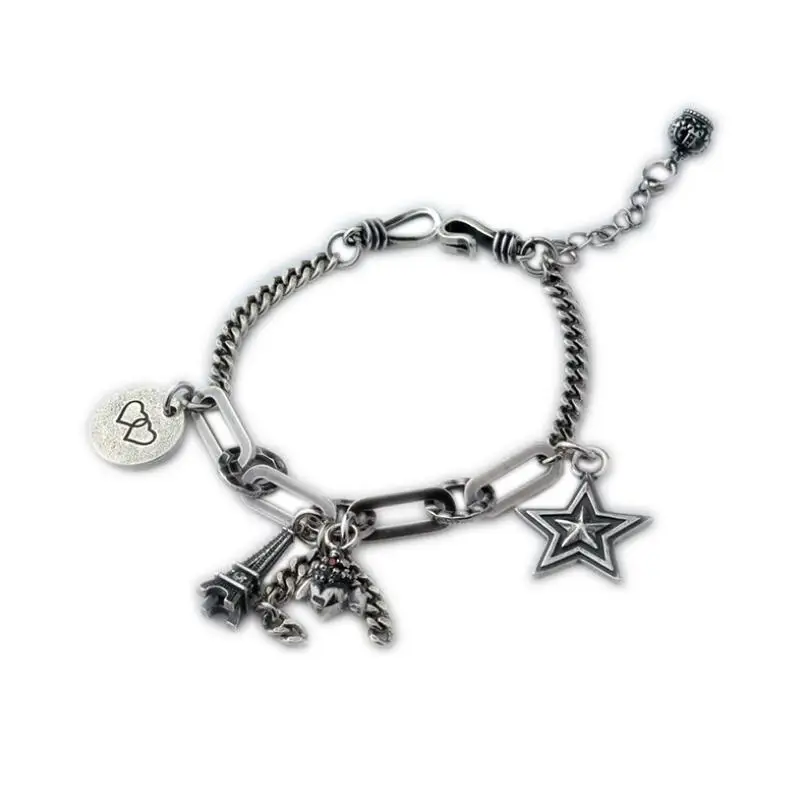 Чистое Серебро S925 серебро винтажная башня Сердце Звезда Кулон звено цепи браслет 925 серебряные ювелирные изделия(YRT