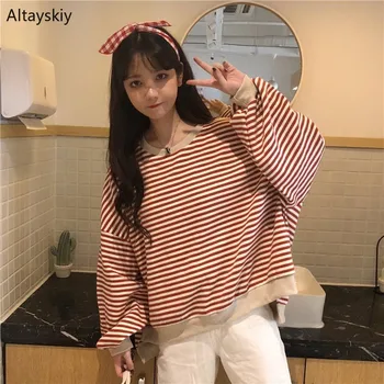 

Hoodies Women Loose Striped Students Girls Korean Style Harajuku Long-sleeve Simple Daily All-match Elegant Womens Female 2020