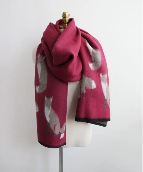 red scarf Роскошный бренд, женский зимний теплый кашемировый шарф с принтом лисы, толстые шали, шарфы для женщин, пашмины, платок, Женский палантин, Bufanda - Цвет: red scarf