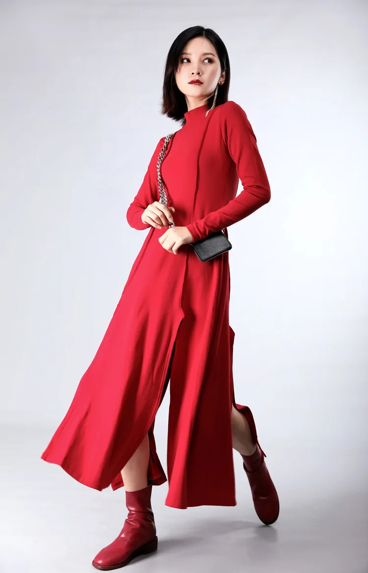 [EAM] Women Dress New Stand Neck Long Sleeve Loose Fit Split Joint Spliced Sheath Temperament Fashion Spring Autumn JZ343