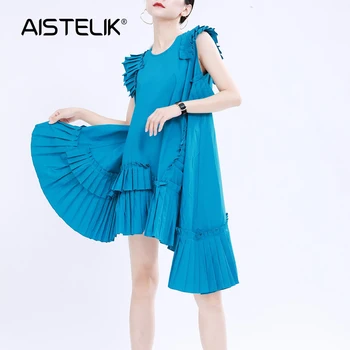 

AISTELIK2020 summer new dress women's summer loose large version of bellflower French niche irregular pleated big swing dress