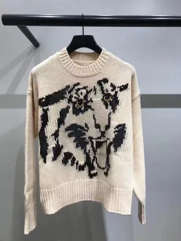 

19 Temperament Lady Tiger Head Jacquard Round Neck Wool Knitting Shirt Sweater 91118