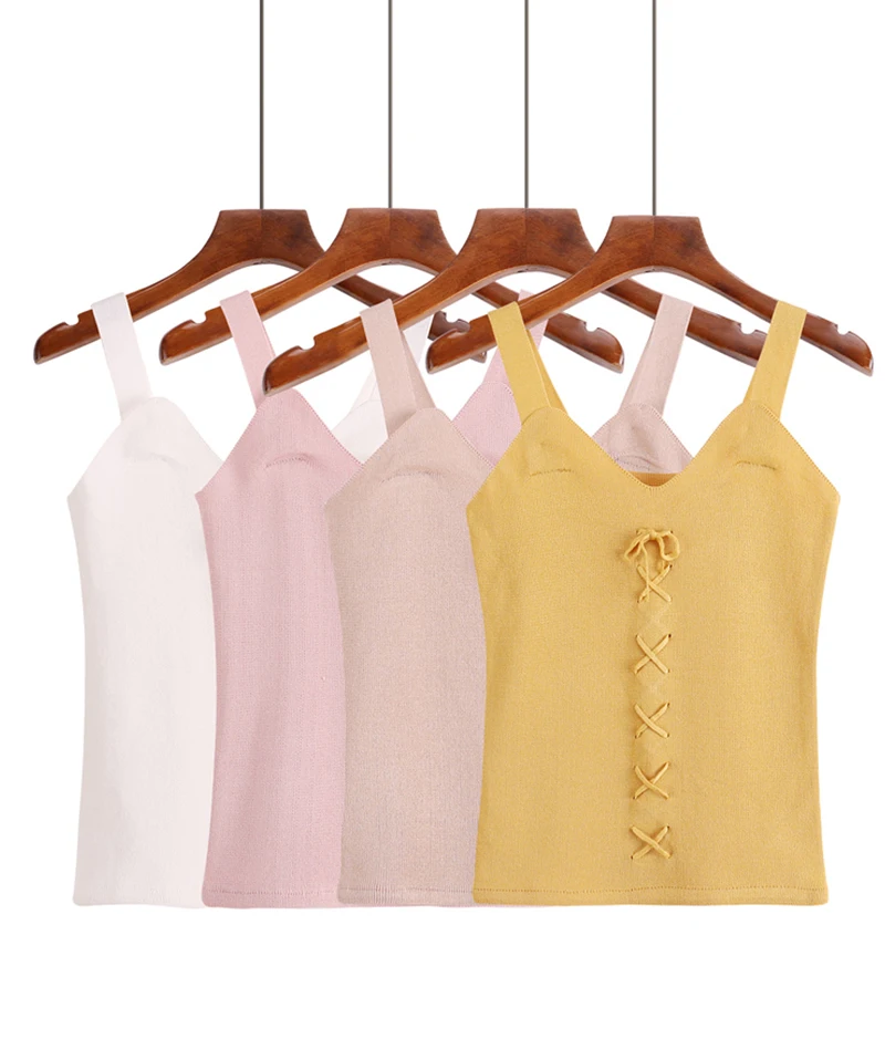 

Women V-neck Vest Lace Up Beading Cropped Camis Tops Girls Knitted Sleeveless Sweater Tee shirts Tank Women's vest Female Sling