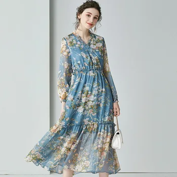

Spring Blue Print V Neck High Waist Chiffon Dress Women Bohemian Long Sleeve Swing Dresses Elegant Ladies Summer Ruffle sukienki