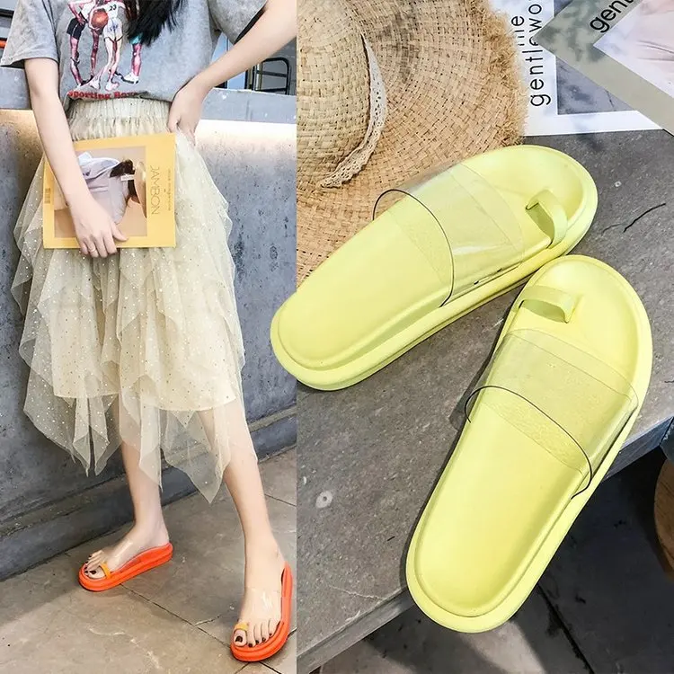 

Summer Korean-style INS Retro Fluorescence Color Platform Thick Bottomed Toe Covering A- line Transparent Tape Slipper Women's F