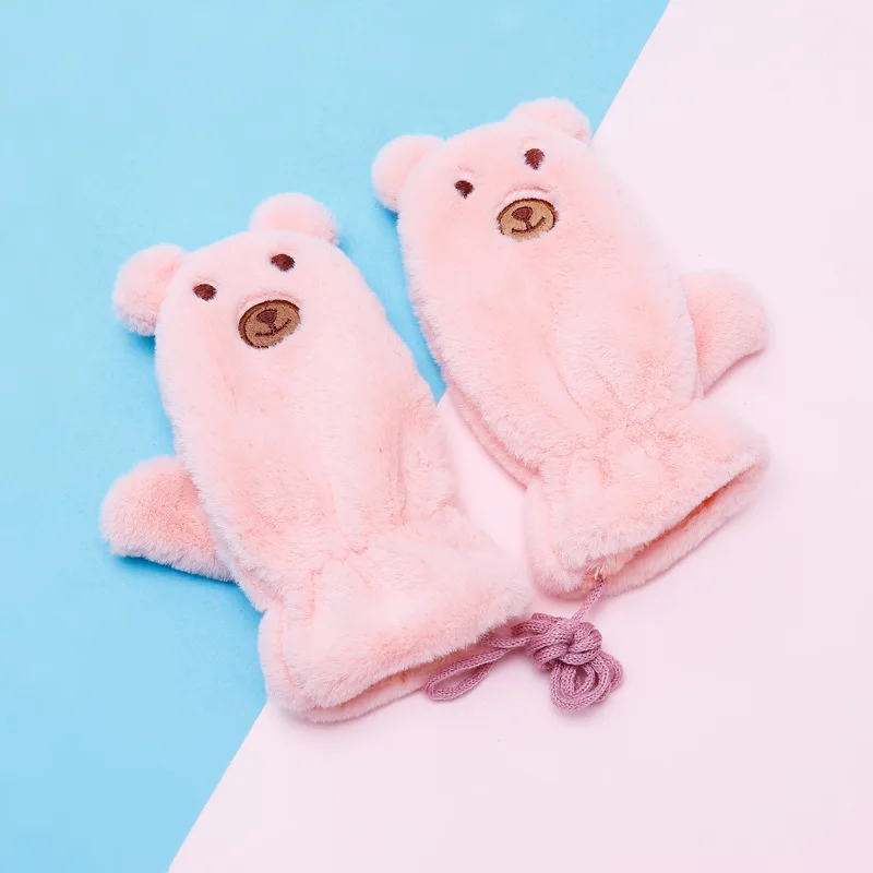 Зимние толстые плюшевые теплые ровные палочки, перчатки, милые детские перчатки с мультяшным медведем, уличные перчатки для игры в снегу