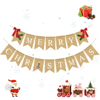 

Retro Christmas Swallowtail Burlap Banners Letter Printing Garland Bunting Flag Linen Dovetail Shape Party Decoration Background