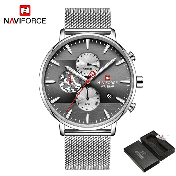 SilverWithBox NAVIFORCE Топ люксовый бренд модные мужские часы светящийся хронограф водонепроницаемые кварцевые наручные мужские часы Relogio Masculino - Цвет: SilverWithBox
