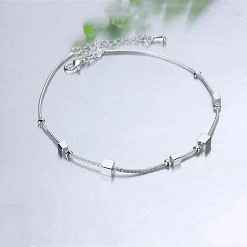 

New Foot Anklet 925 Sterling Ladies Silver Anklets Bracelet Chain For Women Square Pendant Foot Pulseras Jewelry Package Mail