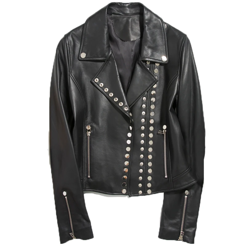 New sheep leather coat female rivet heavy locomotive leather brief paragraph cultivate morality