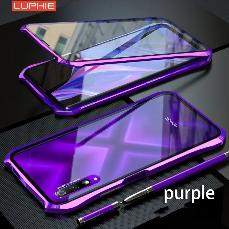Магнитный чехол Luphie для huawei HONOR 9X Pro, полностью переднее+ заднее стекло 9 H, закаленное стекло, магнитный металлический чехол 9 X, чехол Plus - Цвет: Purple