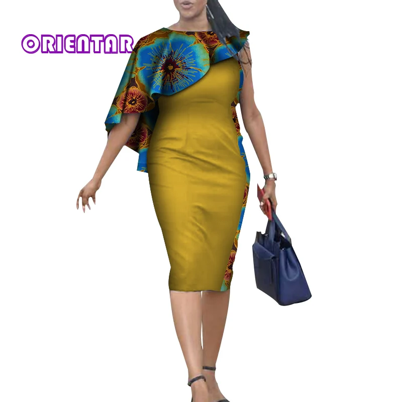 Летние африканские платья для женщин Африка Базен Riche печати сплайсированные Bodycon Карандаш Платье Леди Элегантный до середины икры платье WY4086