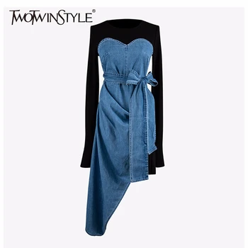 

TWOTWINSTYLE Vintage Asymmetrical Women Dress O Neck Long Sleeve High Waist Lace Up Irregular Hem Patchwork Denim Dresses Female