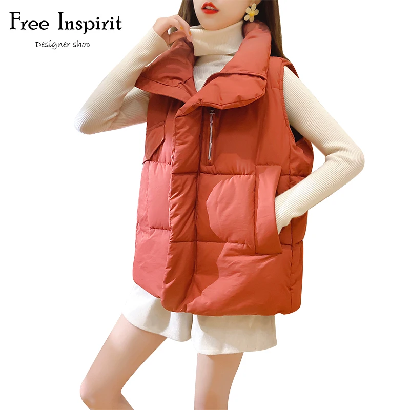 

Cotton Multiple Pockets Women 's Vests Solid Turn- Down Collar Zipper Loose Coat New 2020 Winter Arrival Preppy Style Down