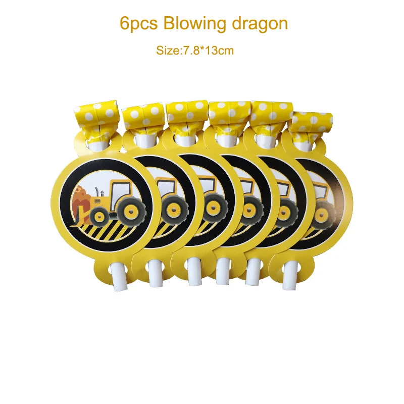6pcs blowing dragon Construction Excavator Party Tableware Decor Paper Plates Cup Banner Hat Boys Baby shower Happy Birthday Party Decoration - Цвет: 6pcs blowing dragon