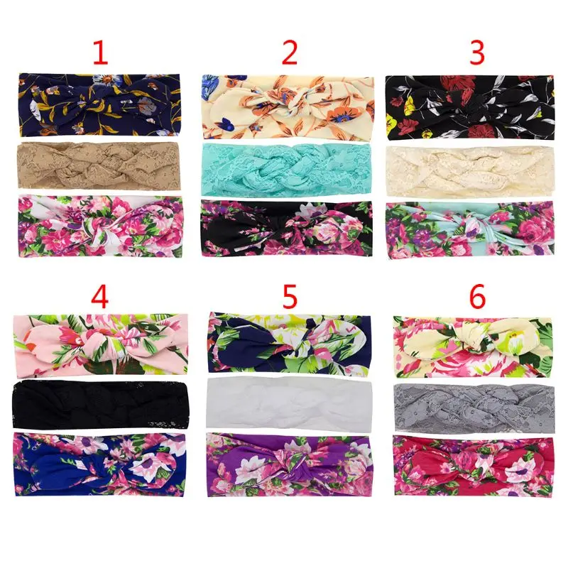 3 Pcs/set Children Hair Accessories Set Baby Print Lace Knotted Headband Cute Girls Rabbit Ears Styling Headdress