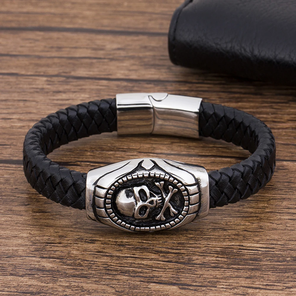 Fashion Charm Stainless Steel Magnetic Black Genuine Leather Braided Men Bracelet Jewelry Skull Rope Punk Wholesale Accessories