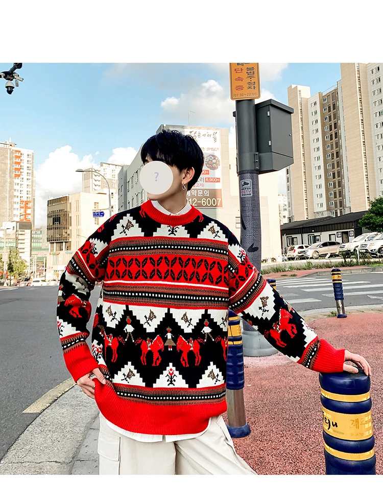 Winter Men's Red Blue Yellow Color Loose Pullover Round Neck Printing Knitting Keep Warm Man Sweater High-quality Coat M-2XL