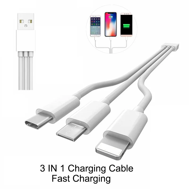 

3 in 1 USB Cable for Mobile Phone Micro USB Type C Charger Cable for iPhone XR XS Max X Huawei Data Charging Cord