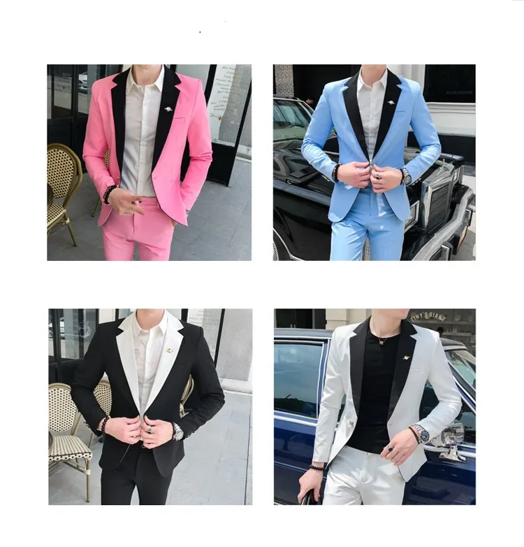 Мужской костюм из 2 предметов, однотонный мужской блейзер и брюки в стиле пэчворк, цвета: розовый, синий, белый, черный, Трендовое платье в Корейском стиле, вечерние, Свадебный мужской костюм