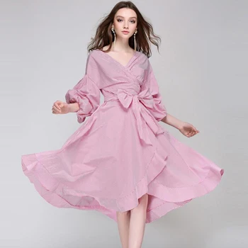 

Dress Fashion 2020 New Women Elegant V-neck Evening Party Dresses Pink Blue Stripe High Quality Free Shipping