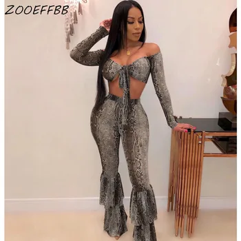 

ZKYZWX Sexy Club Snake Print Mesh Sheer 2 Piece Set Women Fall Festival Long Sleeve Crop Top and Flare Pant Two Piece Outfits