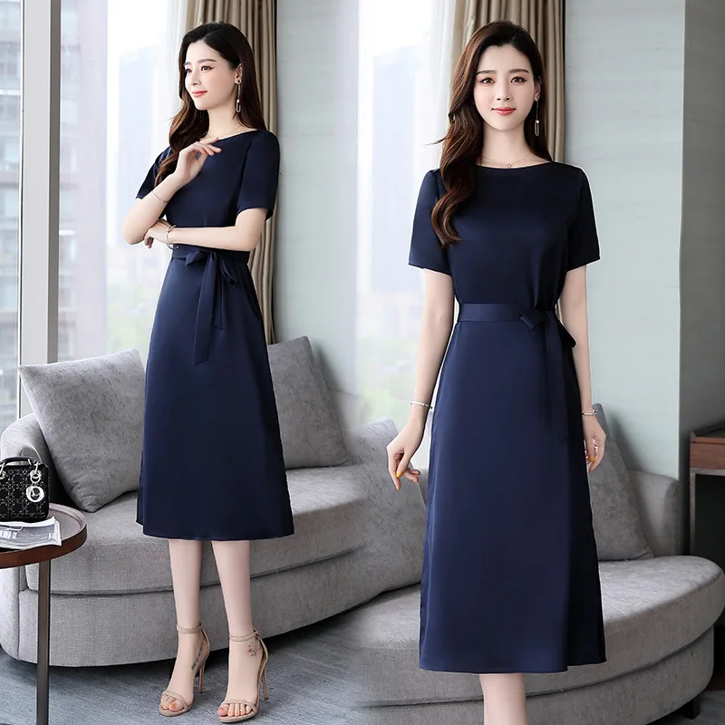 

Fashion Lace-up Dress 2019 Summer New Solid Color Short Sleeve Slimming Slim Fit Western Style Popular Waist Hugging A- line Ski