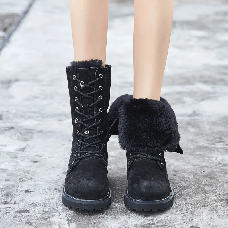ZSAUAN/женские зимние ботинки; модные женские ботинки из натуральной кожи с круглым носком; женские теплые ботинки с высоким берцем - Цвет: Black