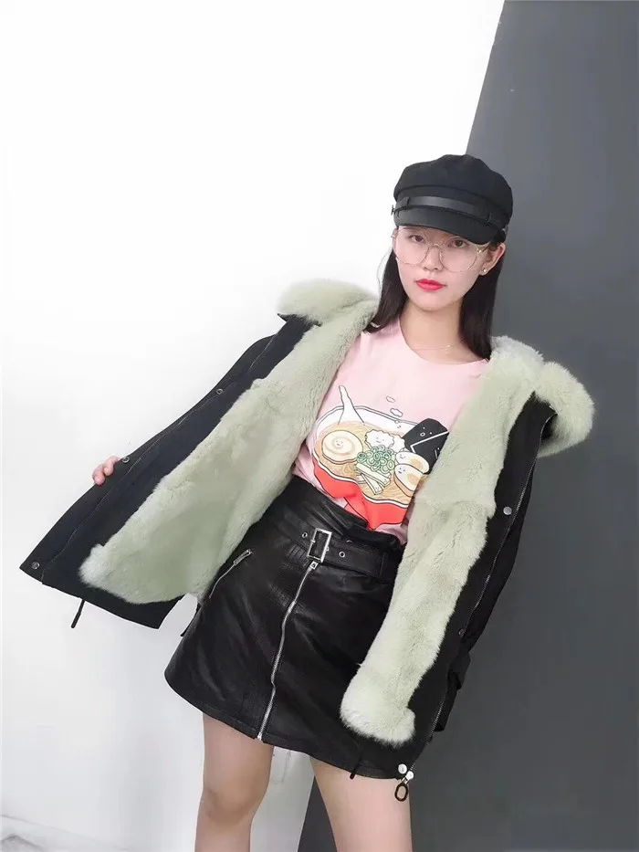 Новая подкладка из кроличьего меха Рекс пальто для женщин Мода Воротник из лисьего меха с капюшоном Съемная подкладка Parke куртка оверсайз