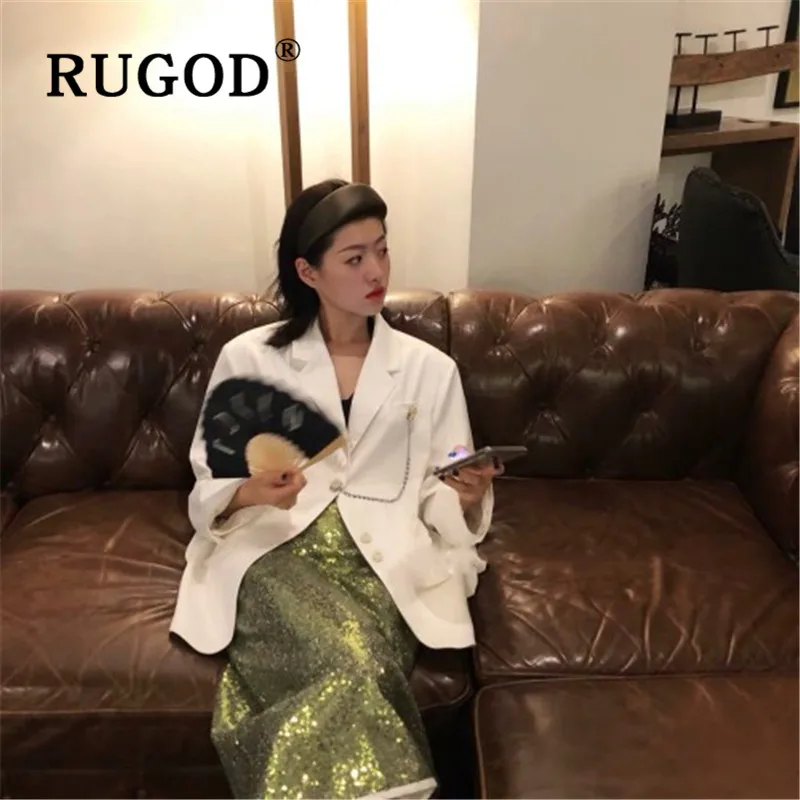 RUGOD женский Блейзер корейский шикарный стильный осенний блейзер для девушек, пальто, многоразовая широкая уличная Брошь с цепочкой, пальто