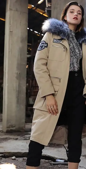 Women Khaki Мужские кожаные куртки, зимние пальто с кроличьим мехом, съемная подкладка, хлопковое пальто с воротником лисы, ветровка - Цвет: Women Khaki