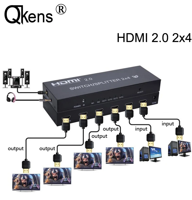 4K HDMI 2 0 2x4 переключатель сплиттер коммутатор видео конвертер адаптер SPDIF аудио в 4