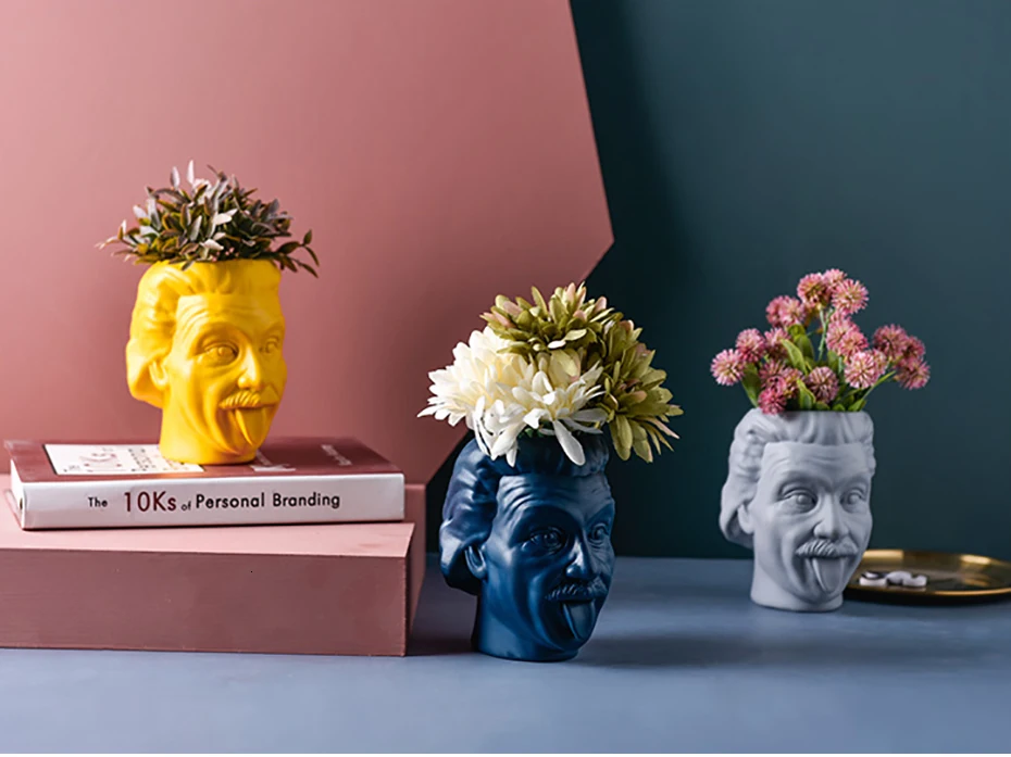Einstein Avatar Vase Human Head Vase Portrait Flower Pot Pen Holder Storage Tank Flower Arrangement Scientist Statue Ornament