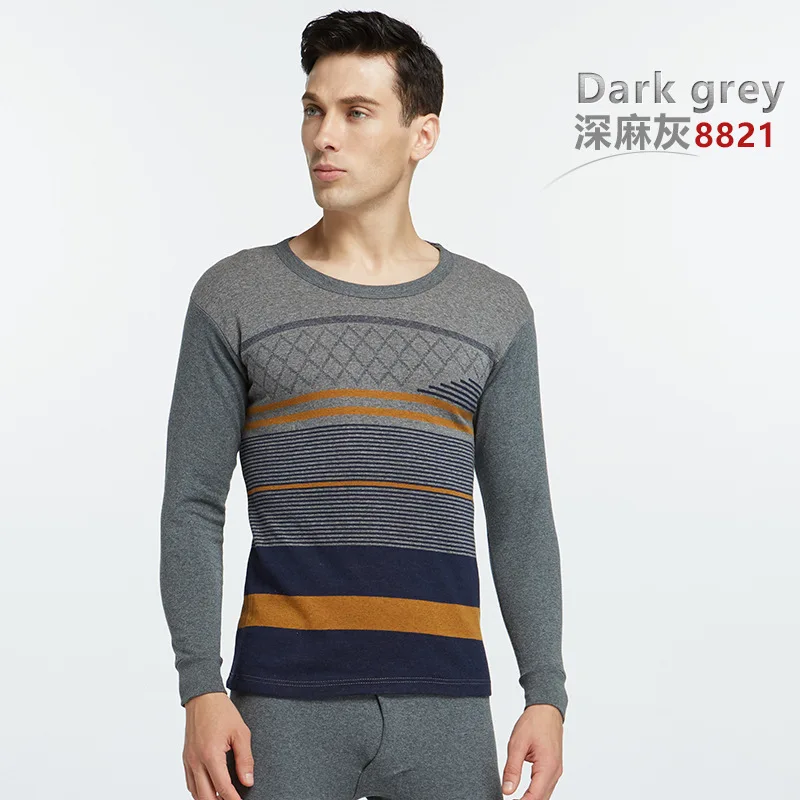 8821Dark Gray Мужское термобелье костюм хлопок круглый воротник осень зима кальсоны - Цвет: 8821Dark Gray