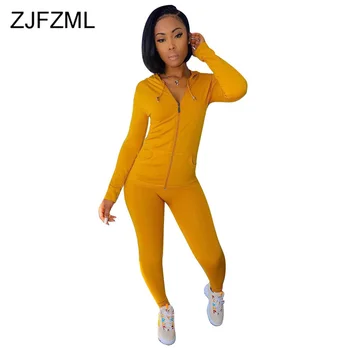 

Autumn Winter Casual 2 Piece Female Tracksuit Drawstring Hooded Front Zipper Sport Tops And Slim Fit Pencil Pants Two Piece Set