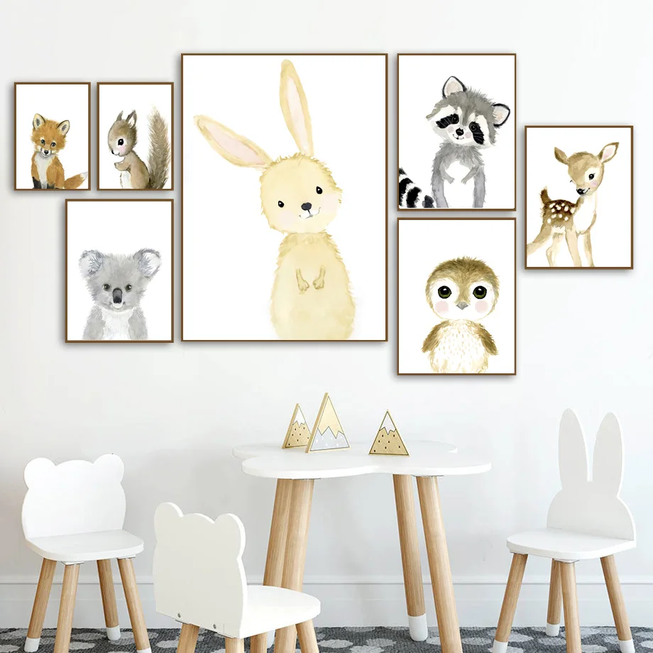 

woodland Animals Rabbit Fox Deer Raccoon Wall Art Canvas Painting Nordic Posters And Prints Wall Pictures Baby Kids Room Decor
