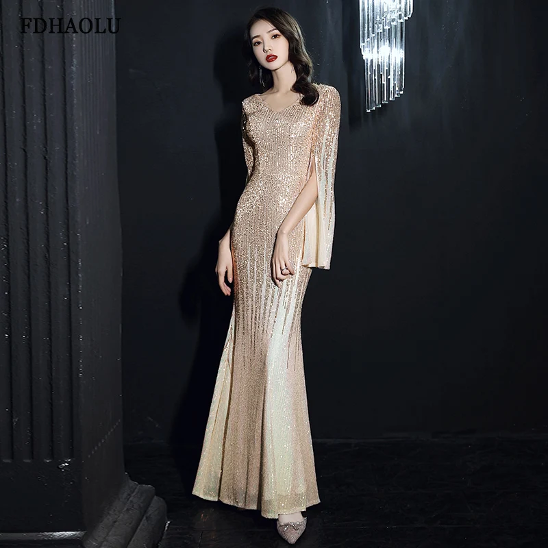 petite formal dresses & gowns FDHAOLU FU81 Burgund Evening Dress Elegant Mermaid Long Formal Evening Party Dress V-neck Shiny Sequined Formal Prom Gowns Evening Dresses