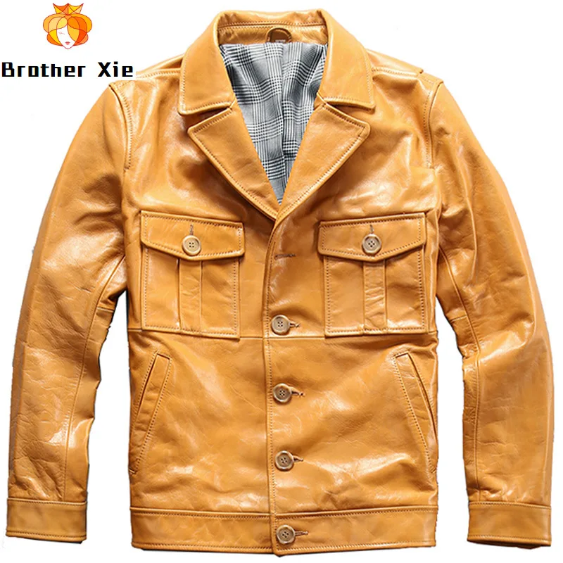 

Genuine Cowhide Leather Jacket Men Fashion Slim Motorcycle Biker Real Leather Jacket for Male R3069