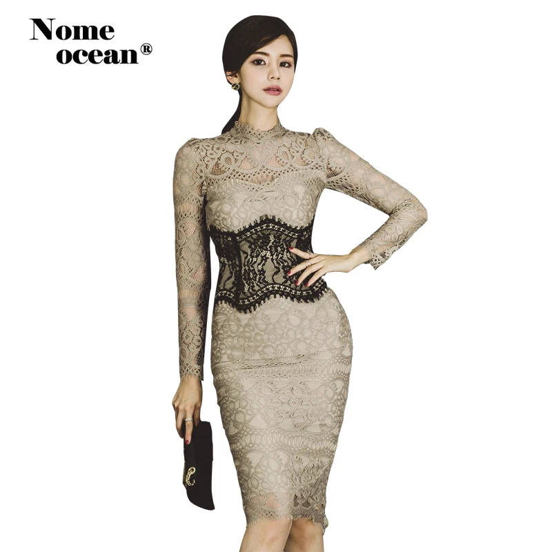 

Retro Style Lace Wide Belt Corset Design Bodycon Dresses Embroidered Lace Midi Dress 2019 Autumn Vintage Party Dresses M19081206