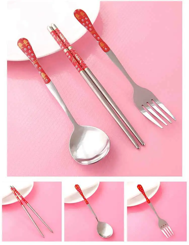Portable Chinese-style Tableware Three-piece Set Stainless Steel Cutlery Chopsticks Spoon Fork Tableware Set Wholesale