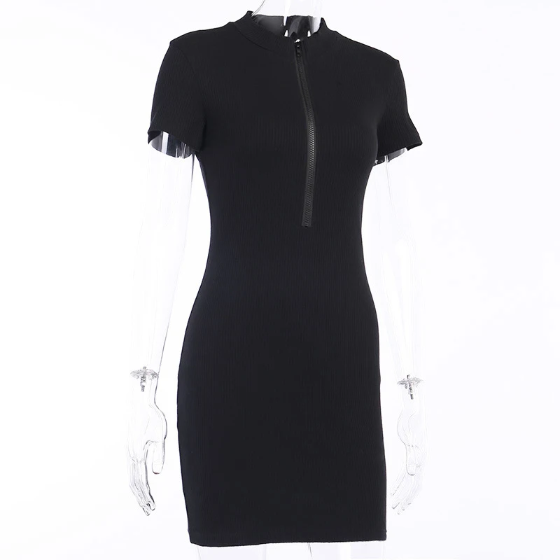 Simenual Ribbed Skinny Bodycon Dresses Women Short Sleeve 2020 Summer MIni Dress Zipper Sexy Fashion Slim Solid Club Party Dress