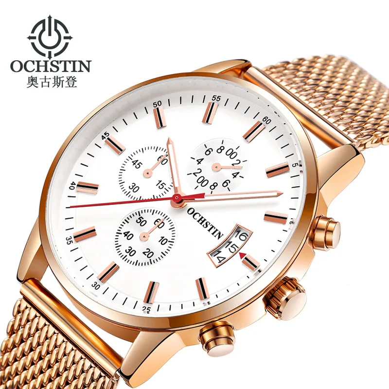 

Augustus Deng Multi-functional MEN'S Watch Three-Eyed Six-pin Quartz Watch Business Casual Steel Belt Men Sports Waterproof