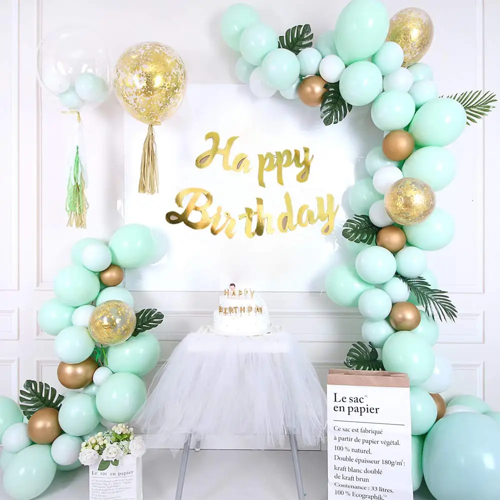 

metable 112pcs Mint Green Balloons Gold Confetti Metallic Balloons Balloon Arch Kit and Happy Birthday Banner