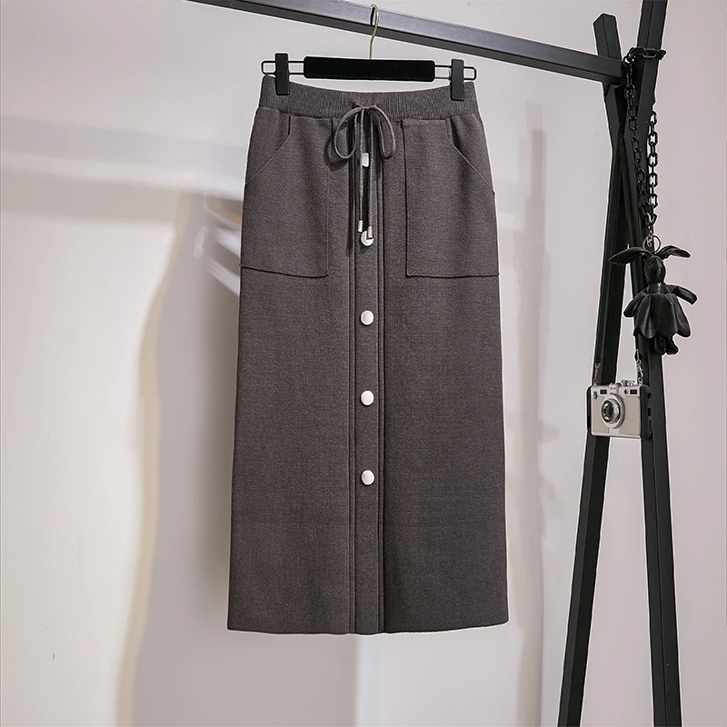 Gray Winter Autumn Skirts Womens Knitting Wool Straight Long Skirt High Waist Elastic Drawsting Pockets Saia Midi Skirts - Цвет: Gray