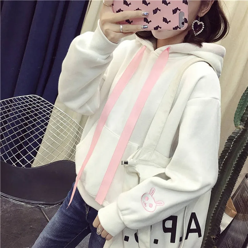 Толстовки женские модные Kawaii толстовка с заячьими ушками топ с капюшоном Блузка с длинным рукавом Свободная Толстовка Женская Толстовка